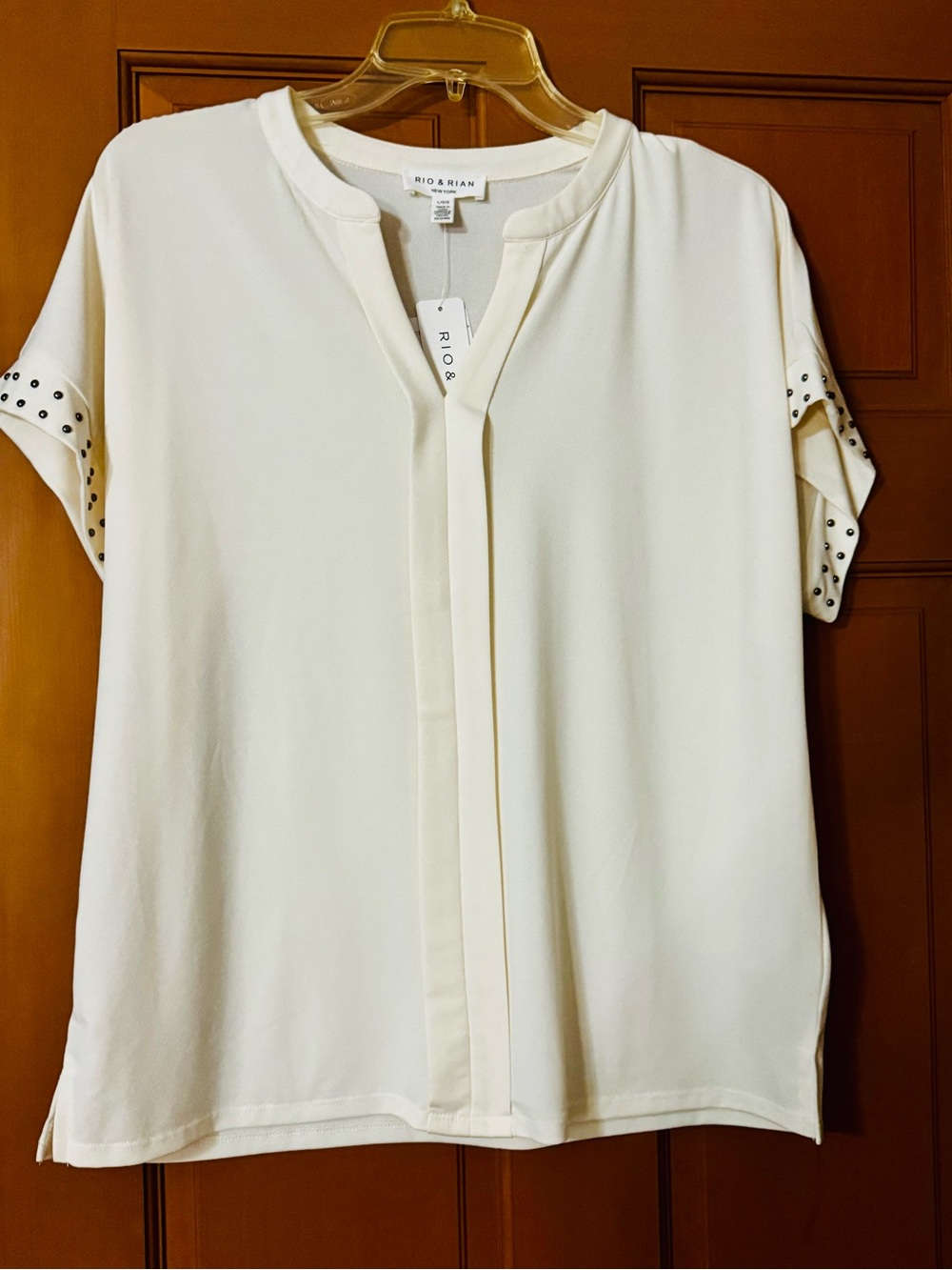 Rio and Rian Cream Short Sleeve Blouse with Stud Detail